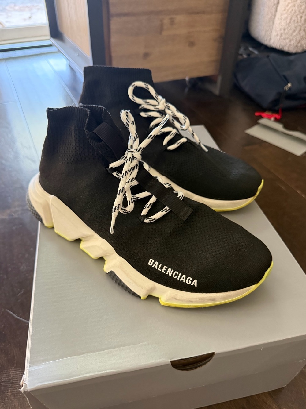 Balenciaga Black Knit Speed Trainer with White Laces and Yellow Sole Trim